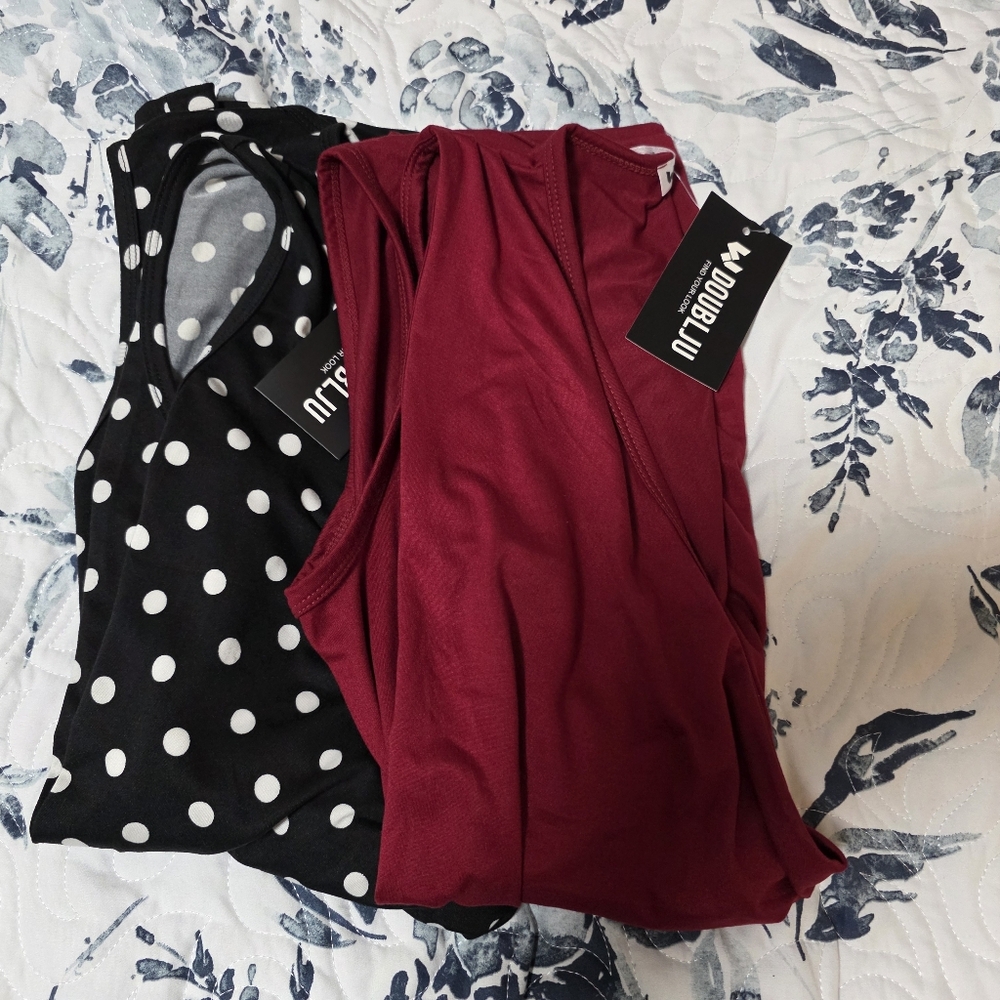 Brand New Doublju Burgundy and Black Polka Dot Tops